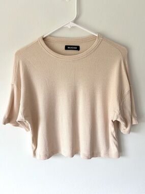 NAADAM Tan Ribbed Short Sleeve Top Cashmere Blend Slightly Cropped Loose Fit